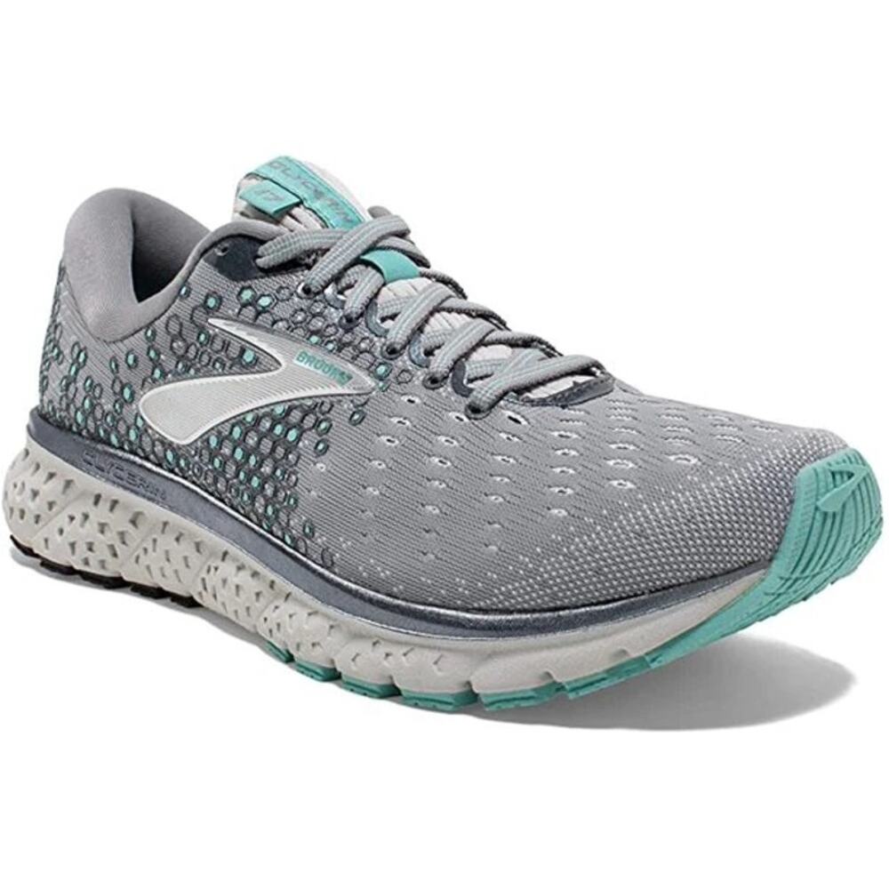 Brooks Glycerin 17 Running Shoes Lace Up Synthetic Mesh Gray Aqua Ebony 8B